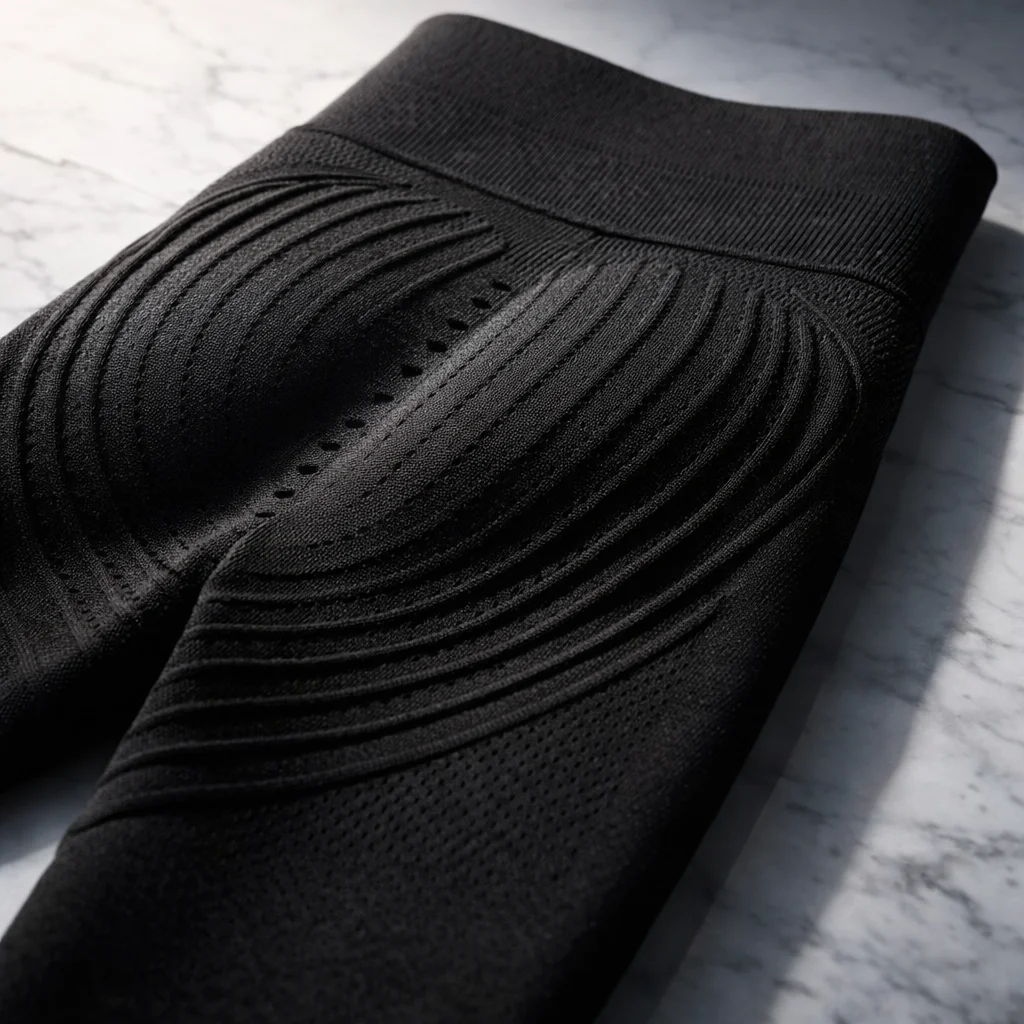 Närbild på skulpterande leggings 3D-sömmönster och strukturerade tyg